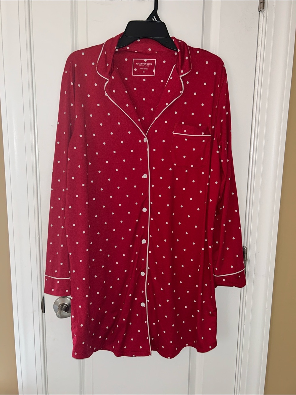 Charter Club Red Polka Dot Long Pajama Shirt with White Piping